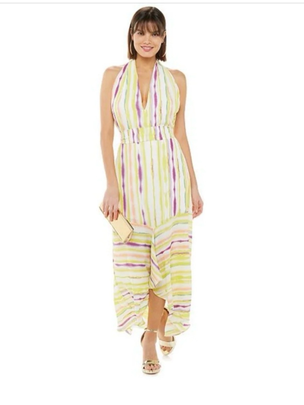 NWT Jennifer Lopez Lime, Lavender & Cream Halter Maxi Dress